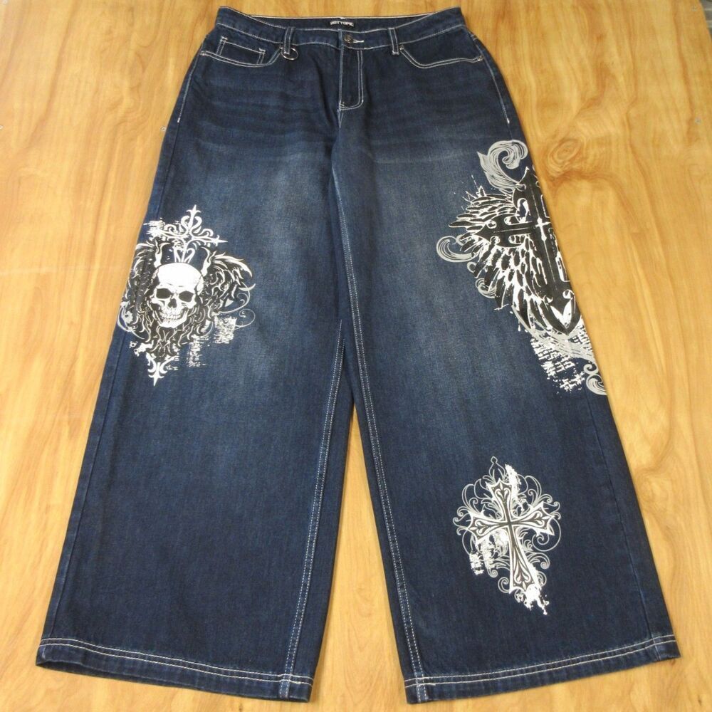 HOT TOPIC Skull Gothic Cross Wide Leg Denim Jeans‎ Sz 11 Baggy Punk Y2K Grunge